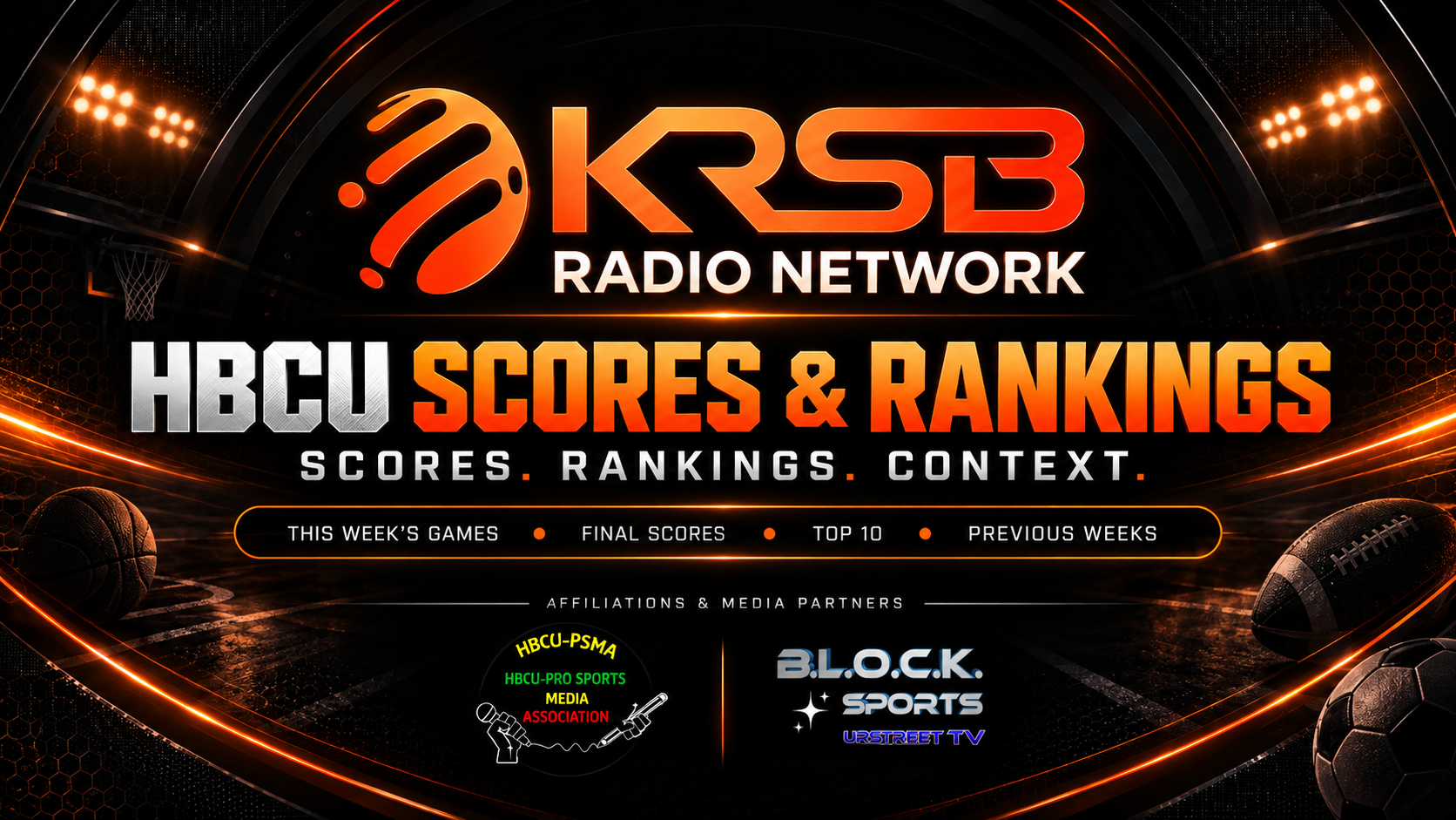 KRSB Radio Network HBCU Scores and Rankings banner featuring HBCU-PSMA and BLOCK Sports media partner logos