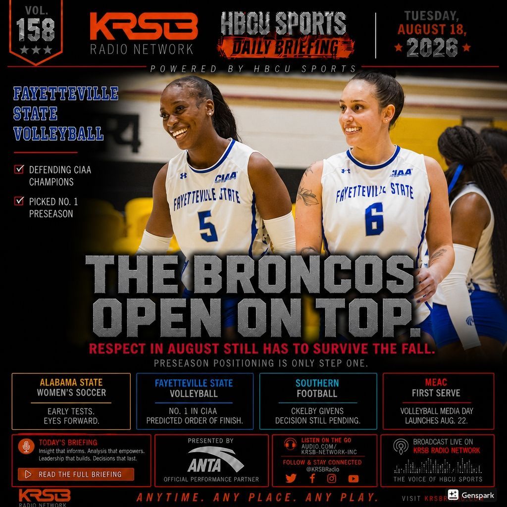 KRSB HBCU Sports Daily Briefing Volume 158 - Fayetteville State Volleyball CIAA Favorites, Southern Ckelby Givens Return, MEAC First Serve
