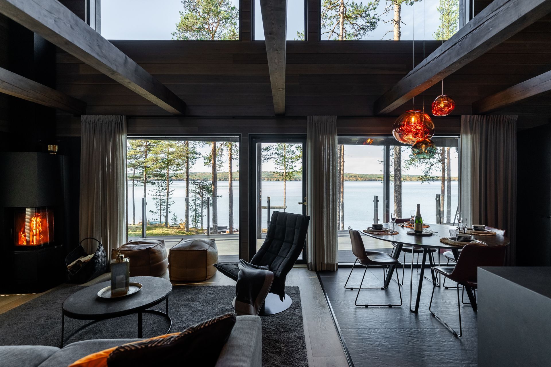 Lakeside villa living room with large windows