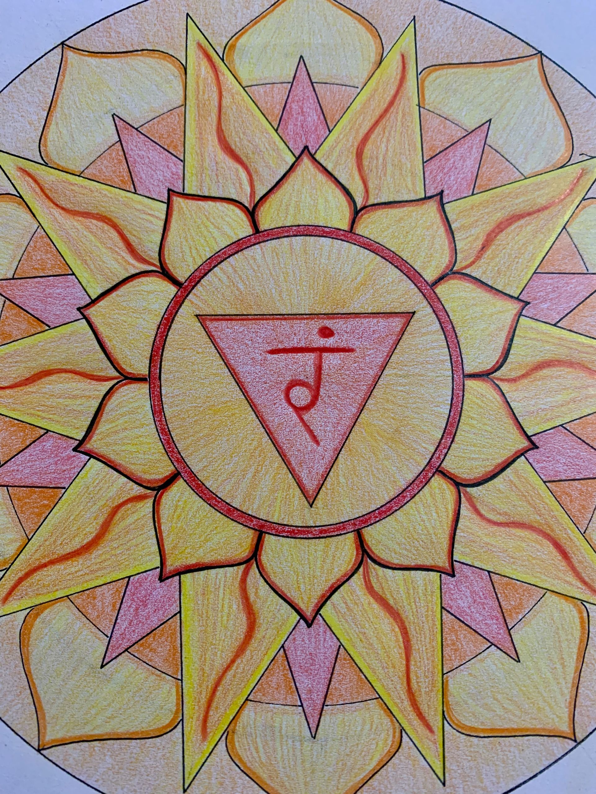 Yellow and orange chakra mandala with a red triangle symbol. Solar Plexus chakra