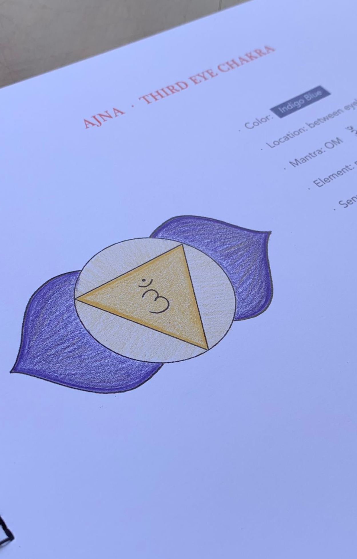 Ajna Chakra drawing, showing a gold triangle with Om symbol inside a white circle, surrounded by indigo lotus petals.