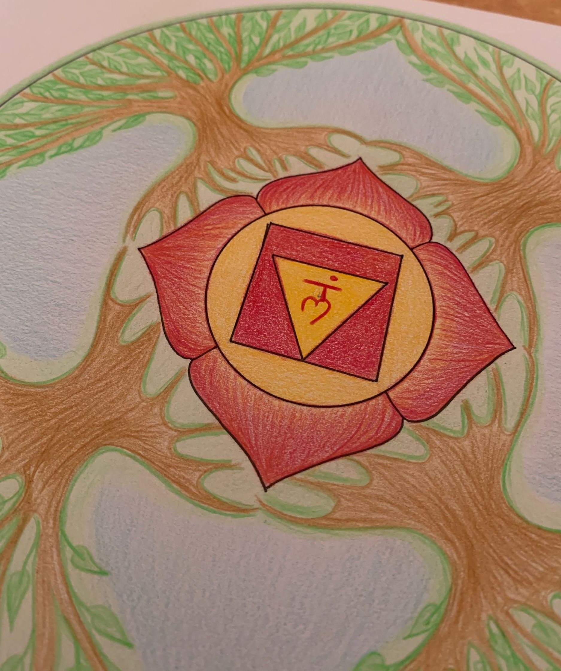 Red root chakra symbol surrounded by a flower, trees, and a light blue background.