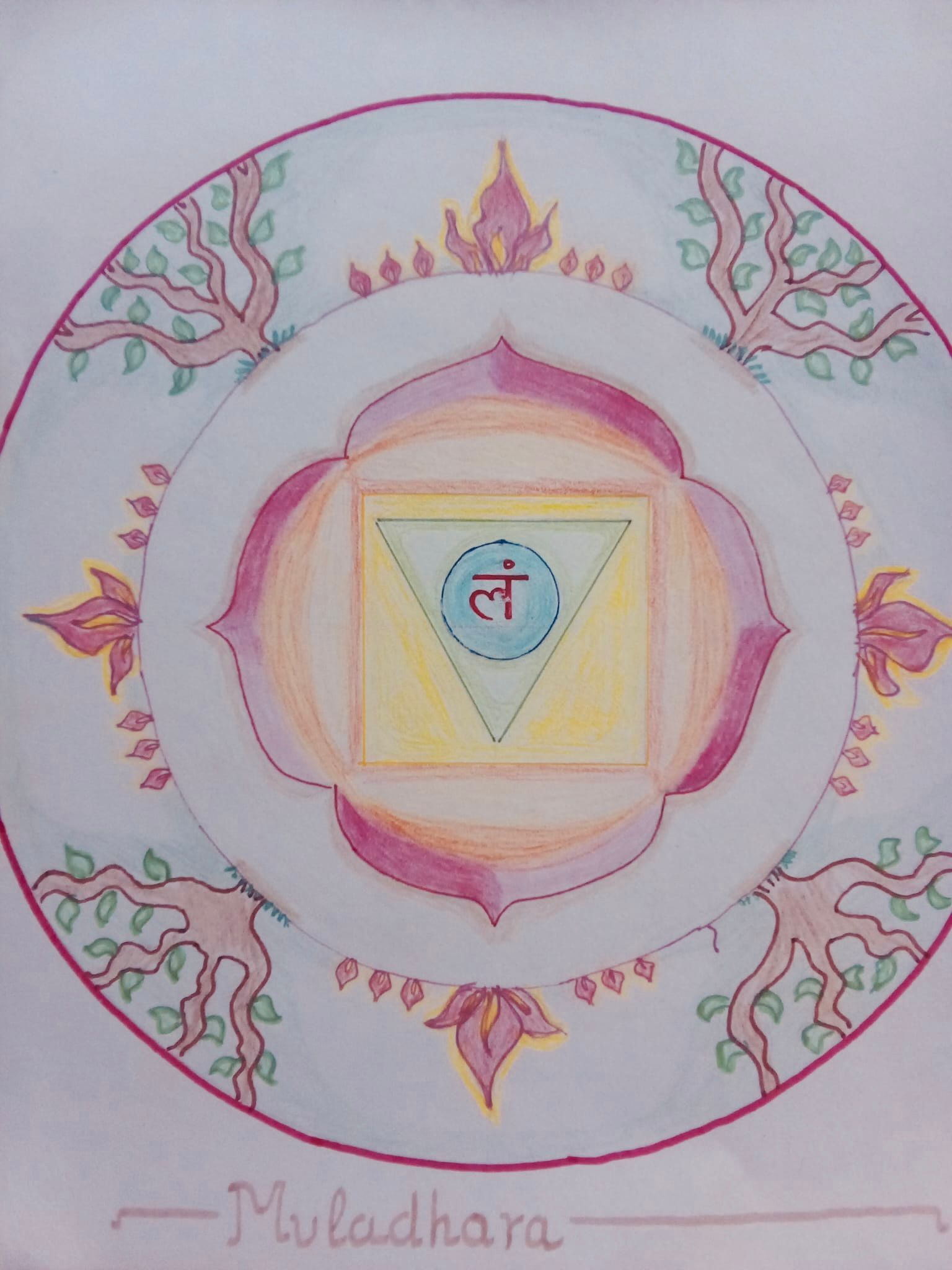 Muladhara chakra mandala in pinks, yellows, and greens. Geometric shapes with a lotus flower design and text.