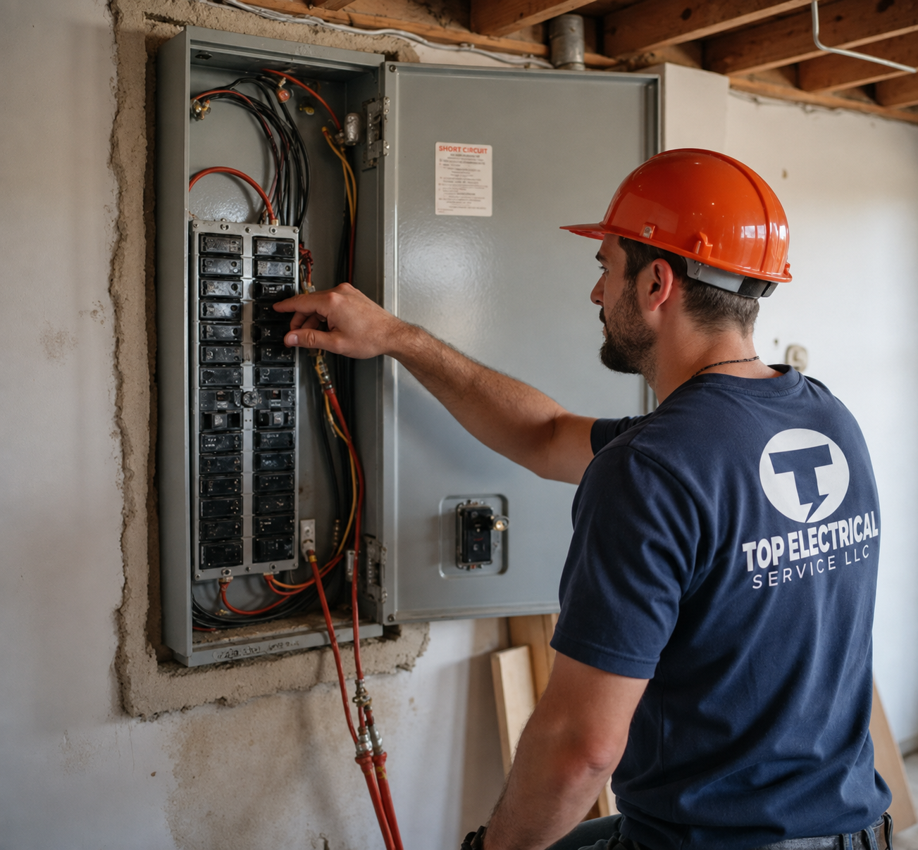 Electrician in orange hard hat inspecting an open circuit breaker panel in a home utility room