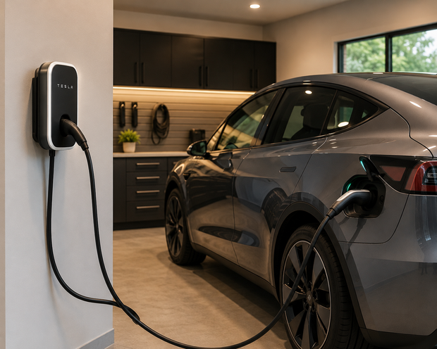 Electric car charging in a modern garage beside a wall-mounted charger
