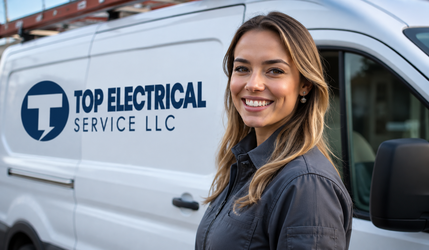 Smiling technician beside white service van labeled “Top Electrical Service LLC”