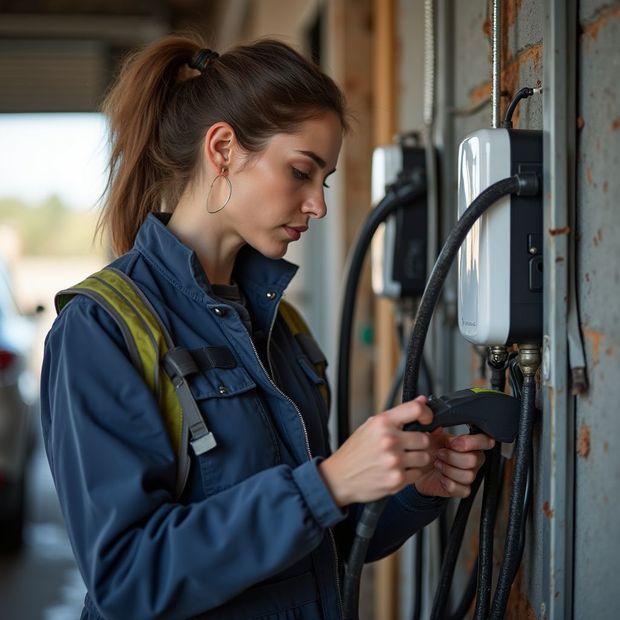 Technician inspecting electrical panel with a handheld device in an industrial setting