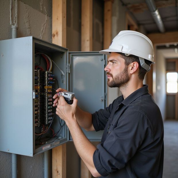 Technician in hard hat inspecting an electrical panel indoors