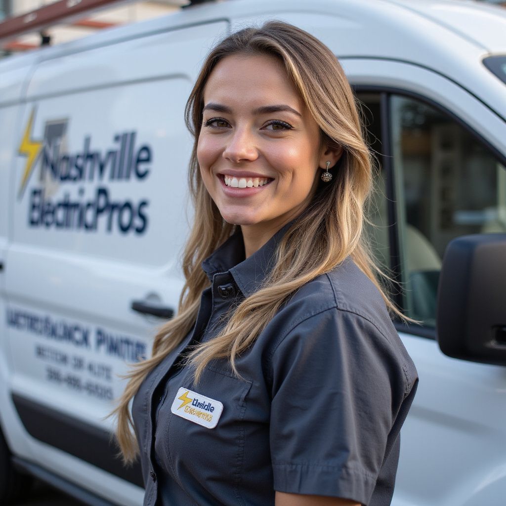 Smiling technician in gray uniform beside Nashville Electric Pros service van