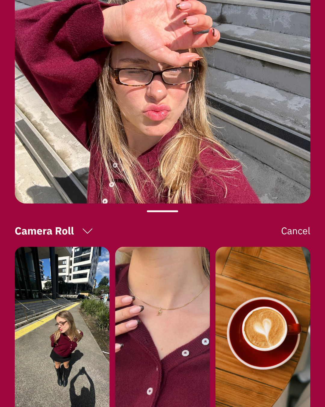 Person taking a selfie outdoors in burgundy top and glasses, with photos shown in a phone gallery below