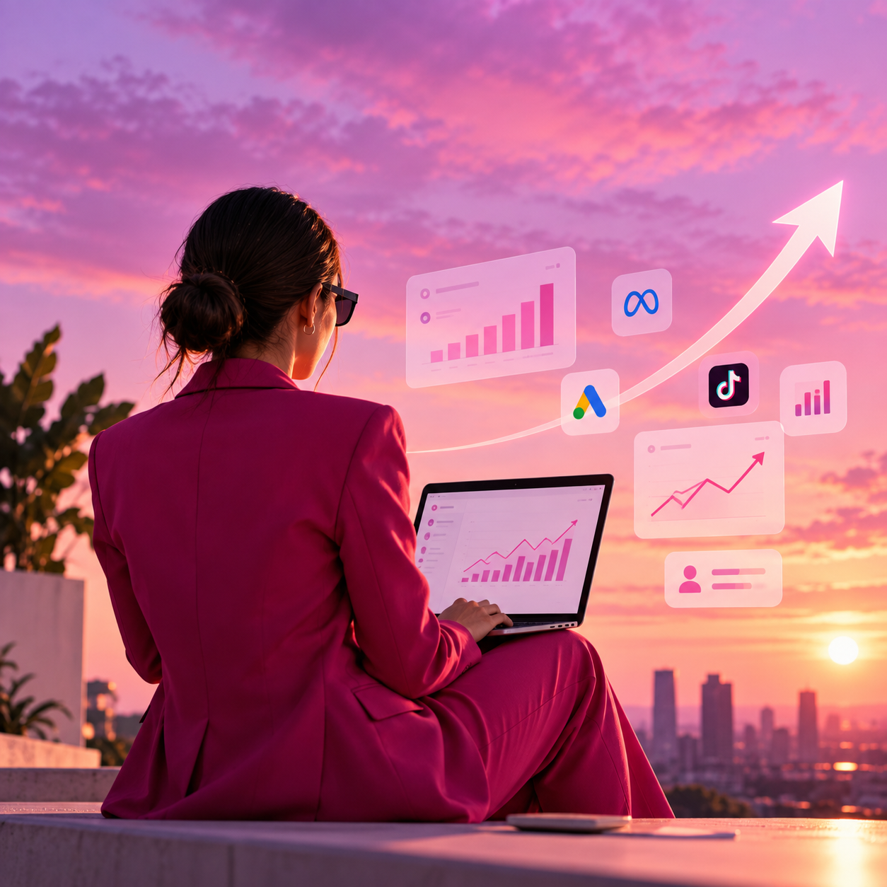 Partner reviewing growth analytics at sunset