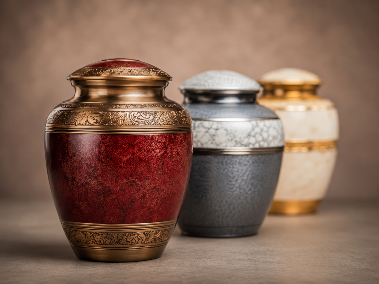 Three ornate decorative urns in red, gray, and gold on a soft brown background