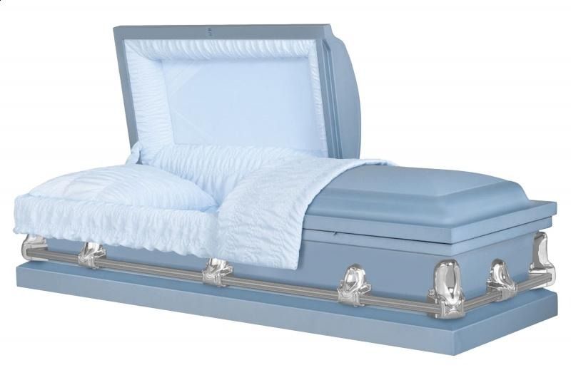 Light blue coffin with open lid and gathered quilted bedding