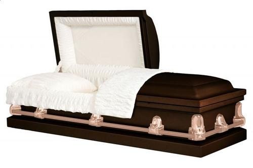 Dark brown casket with white satin interior, partially open on a matching base.