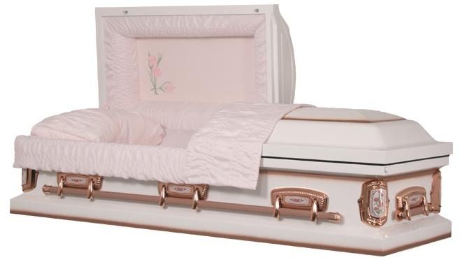 Pink and white casket with silver and rose-gold accents on a white background