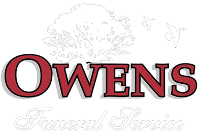 Owens Funeral Service logo with red-and-black serif text and faint decorative bird outlines
