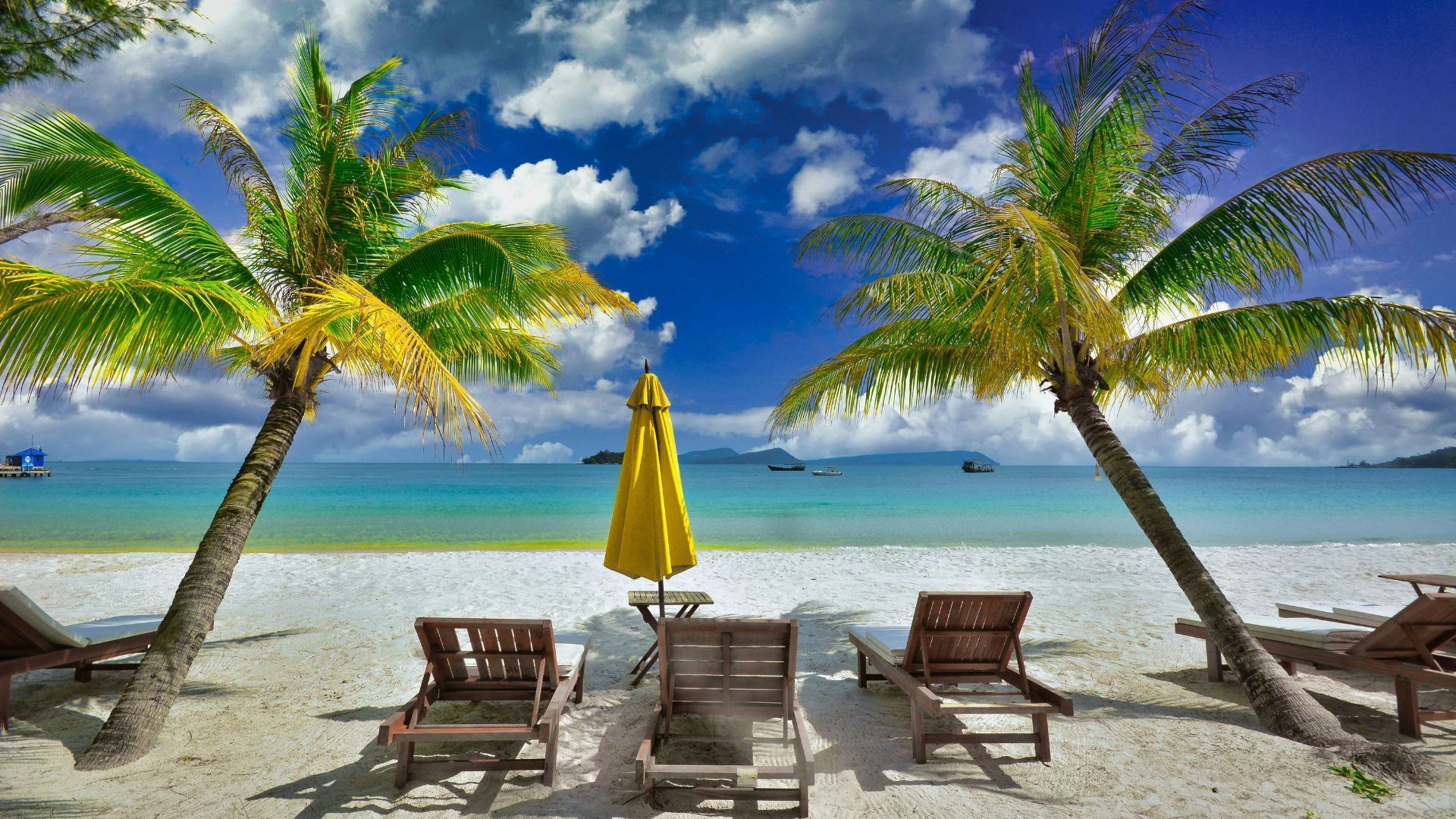 Beach chairs under palm trees facing a turquoise ocean with a yellow umbrella and blue sky