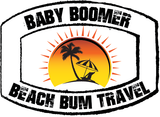 Baby Boomer Beach Bum Travel logo with sunset, palm tree, and beach umbrella silhouette