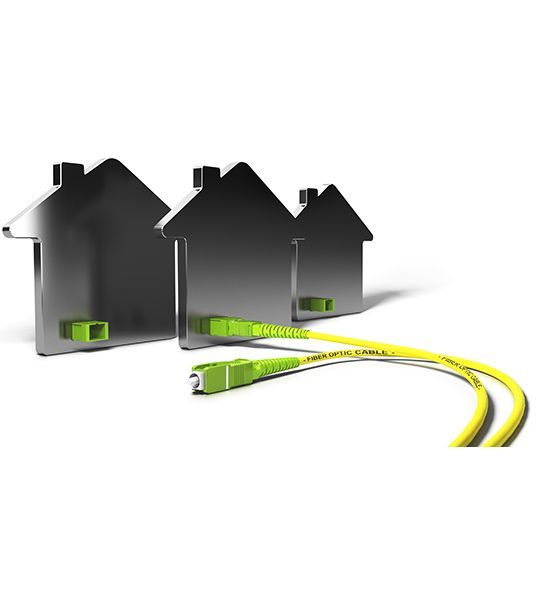 Three houses are connected to each other with green fiber optic cables.