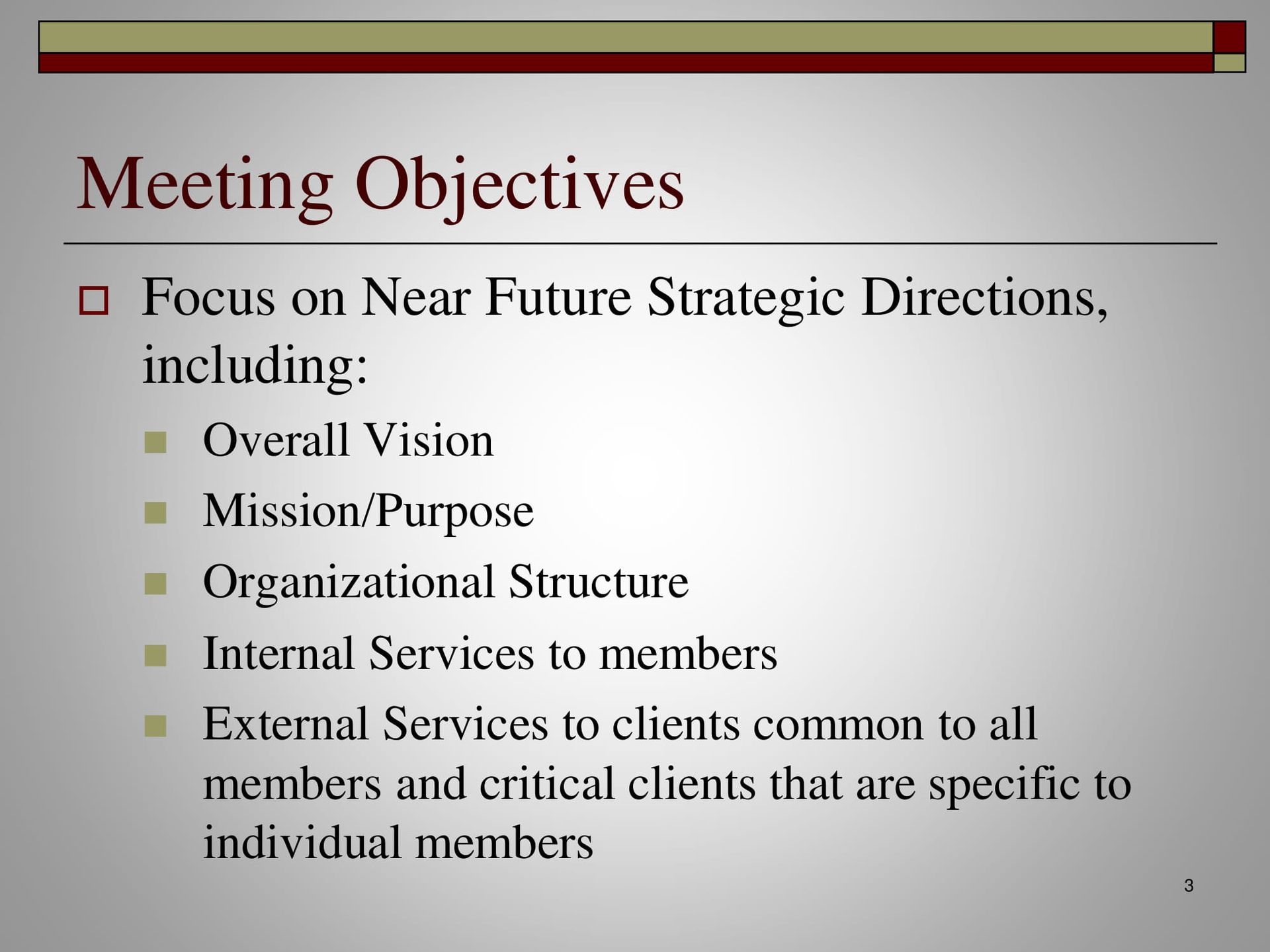Meeting objectives focus on near future strategic directions