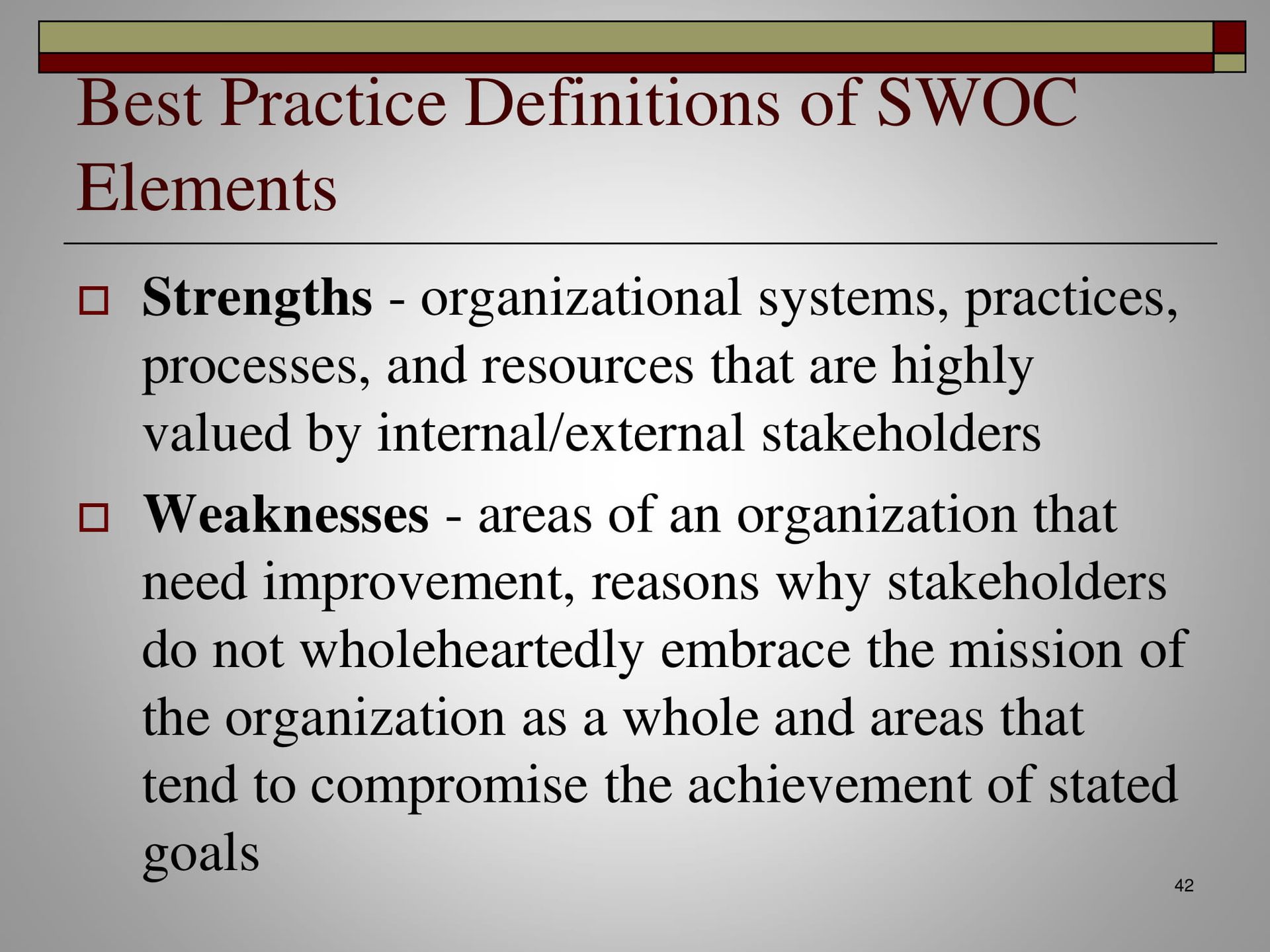 Best practice definitions of swoc elements