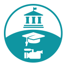 A blue circle with a building and a graduation cap in it.