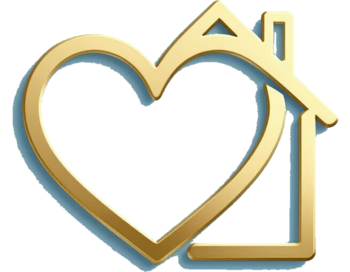 Logotipo de corazón y contorno de casa dorados sobre fondo blanco