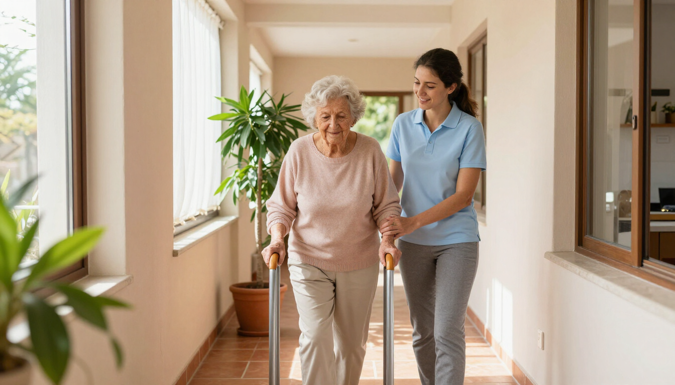 Adulta mayor caminando con apoyo seguro