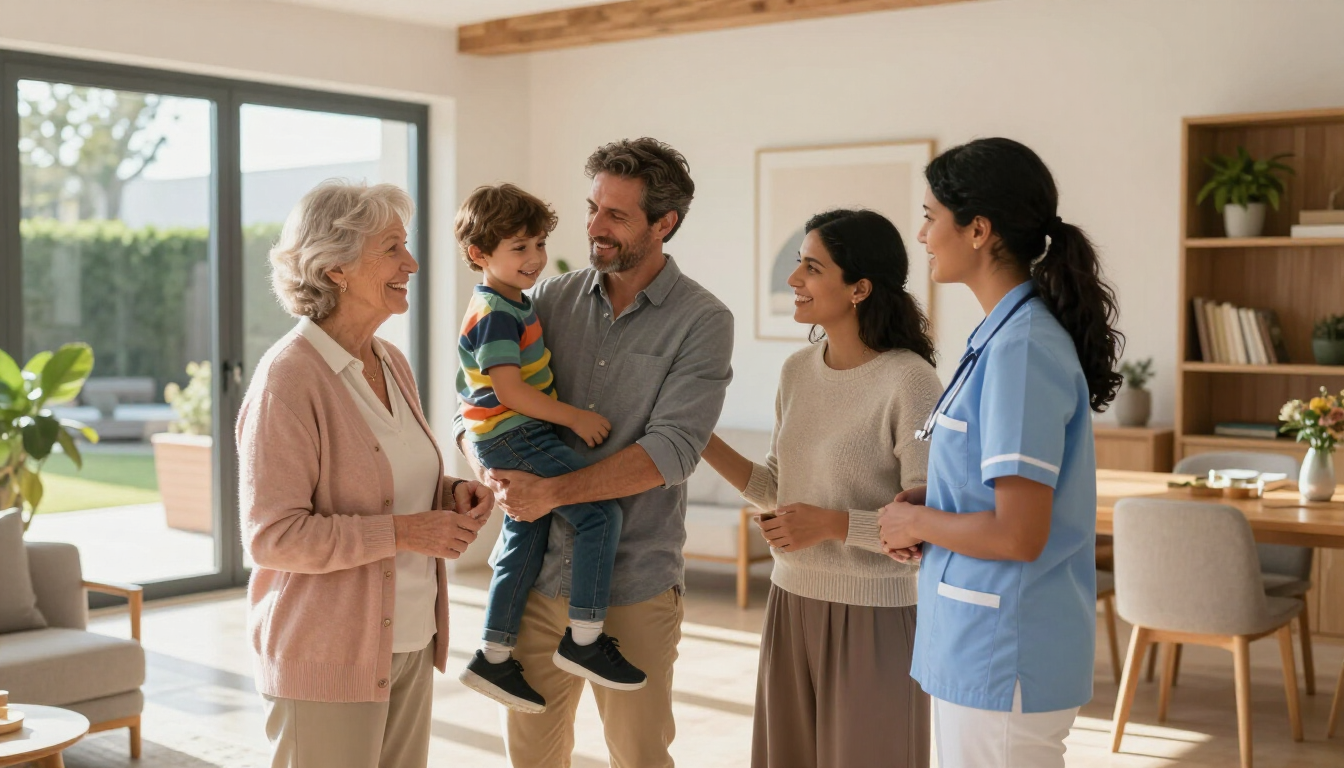 Familia visitando una residencia para adultos mayores