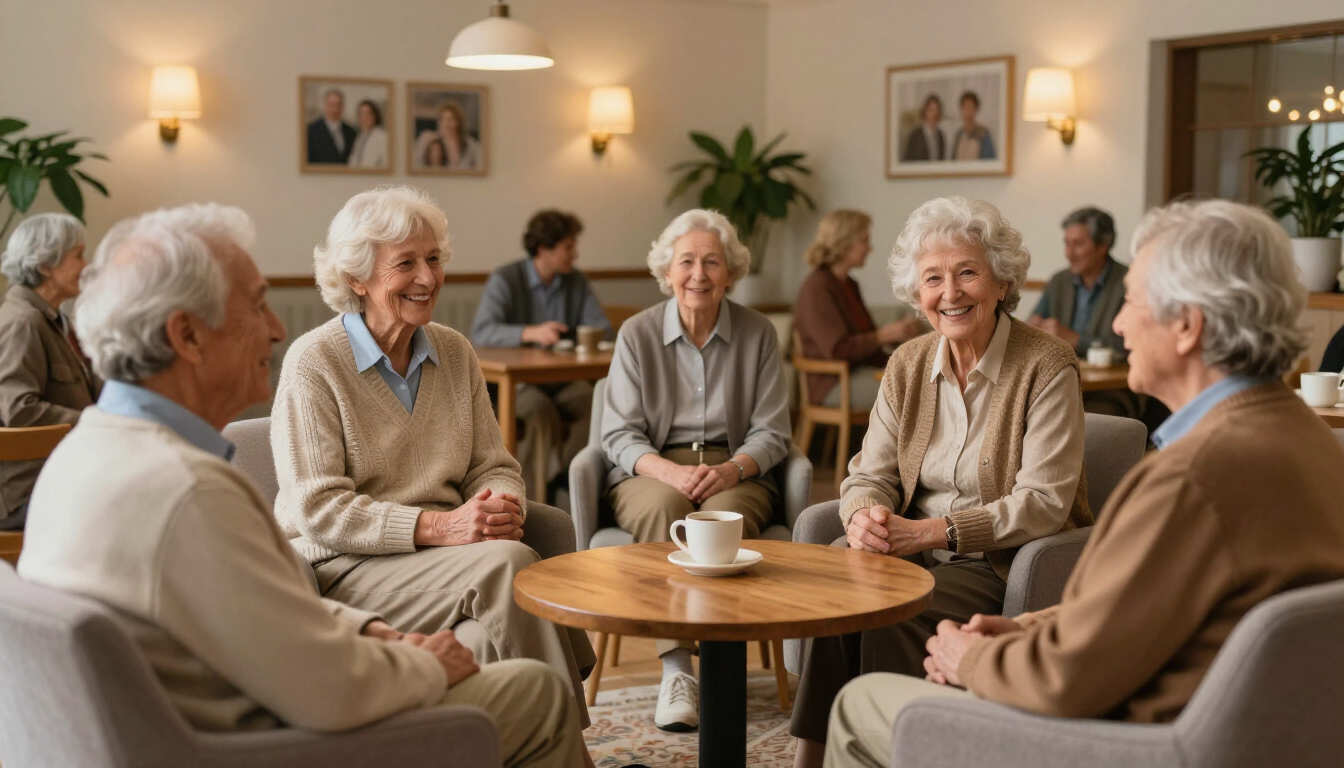 Un grupo de adultos mayores charlando alrededor de una mesa de café en una acogedora sala de estar.