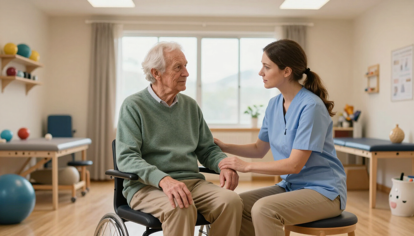 Un terapeuta sostiene suavemente el brazo de un anciano en una luminosa sala de fisioterapia.