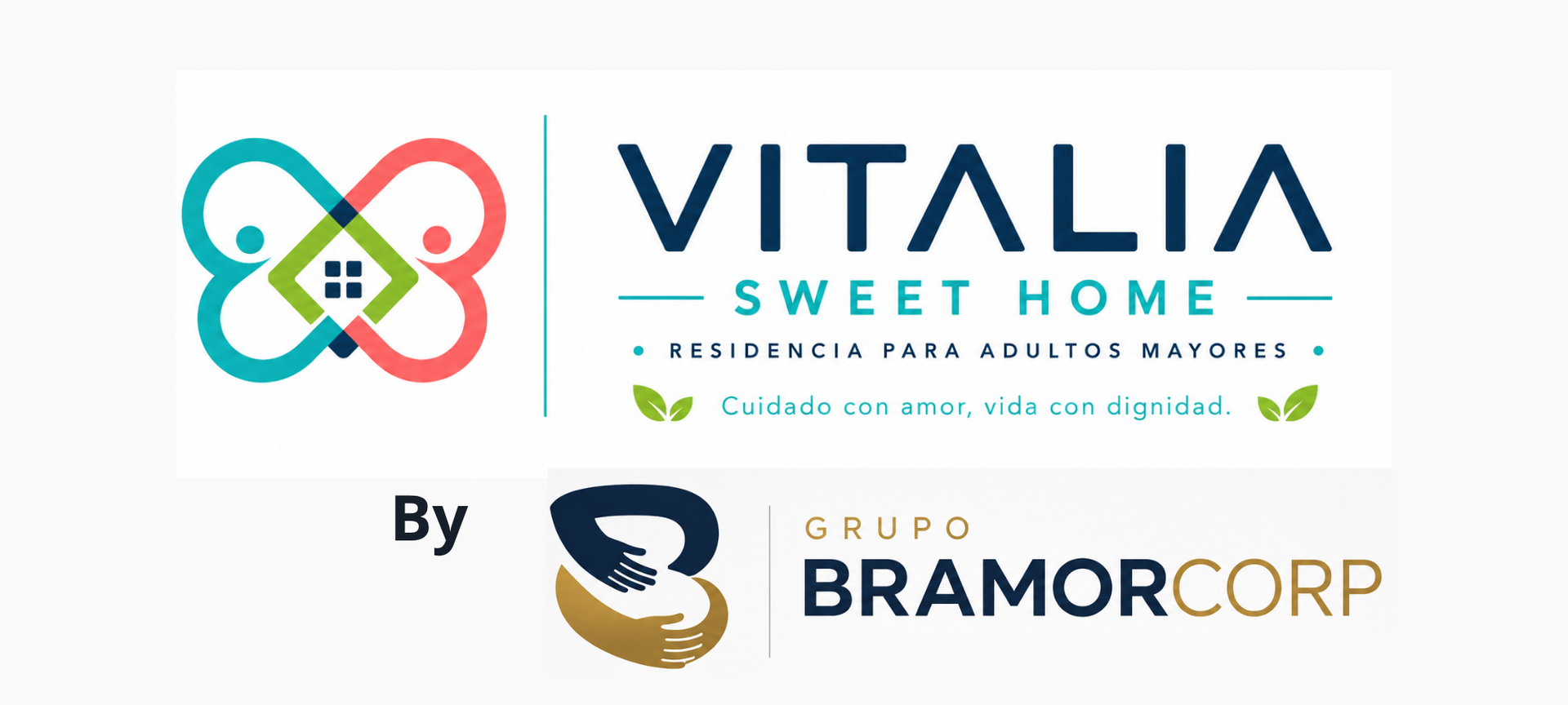 Logotipo de Vitalia Sweet Home con un icono de flor colorida y texto azul sobre un fondo blanco.