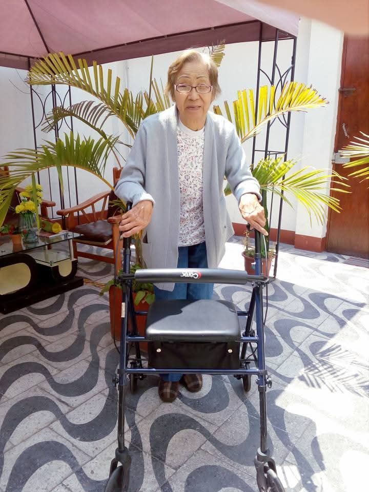 Mujer de pie con un andador en un patio estampado junto a macetas y un toldo.