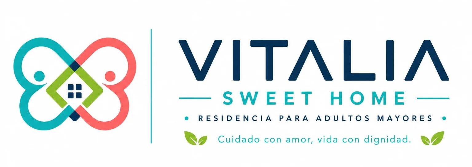 Logotipo de Vitalia Sweet Home con un icono de flor colorida y texto azul sobre un fondo blanco.
