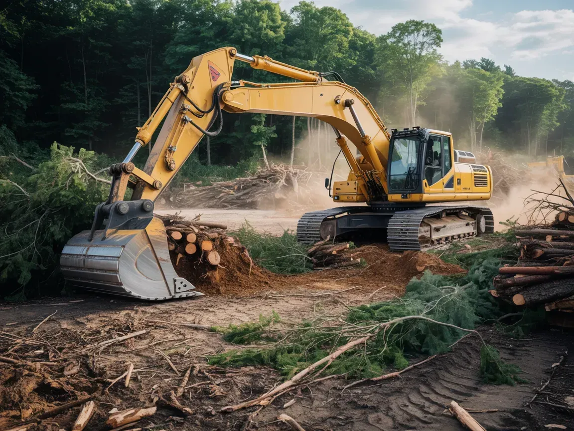 A yellow excavator operates in a forest clearing, moving cut logs and debris amidst a dusty, outdoor work site.