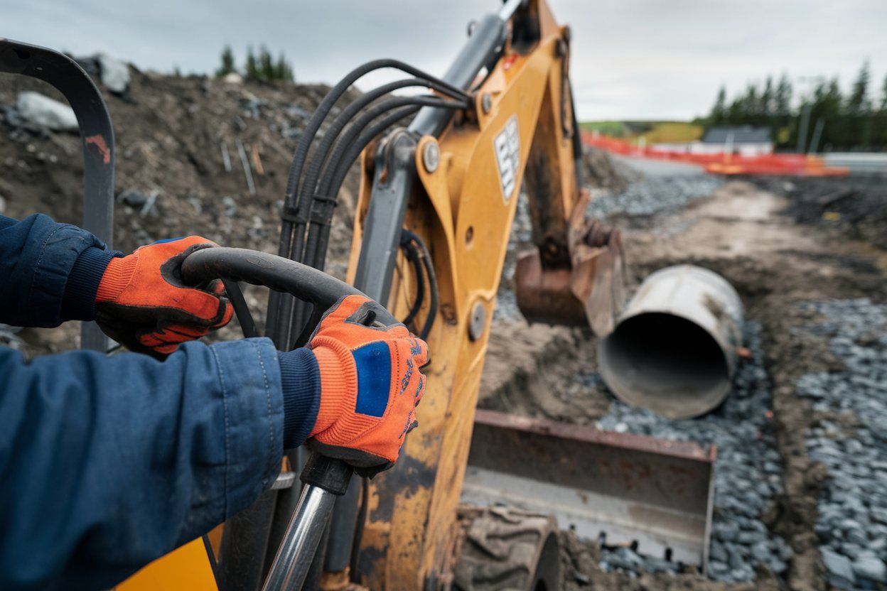 A man is working on a bulldozer on a dirt road.