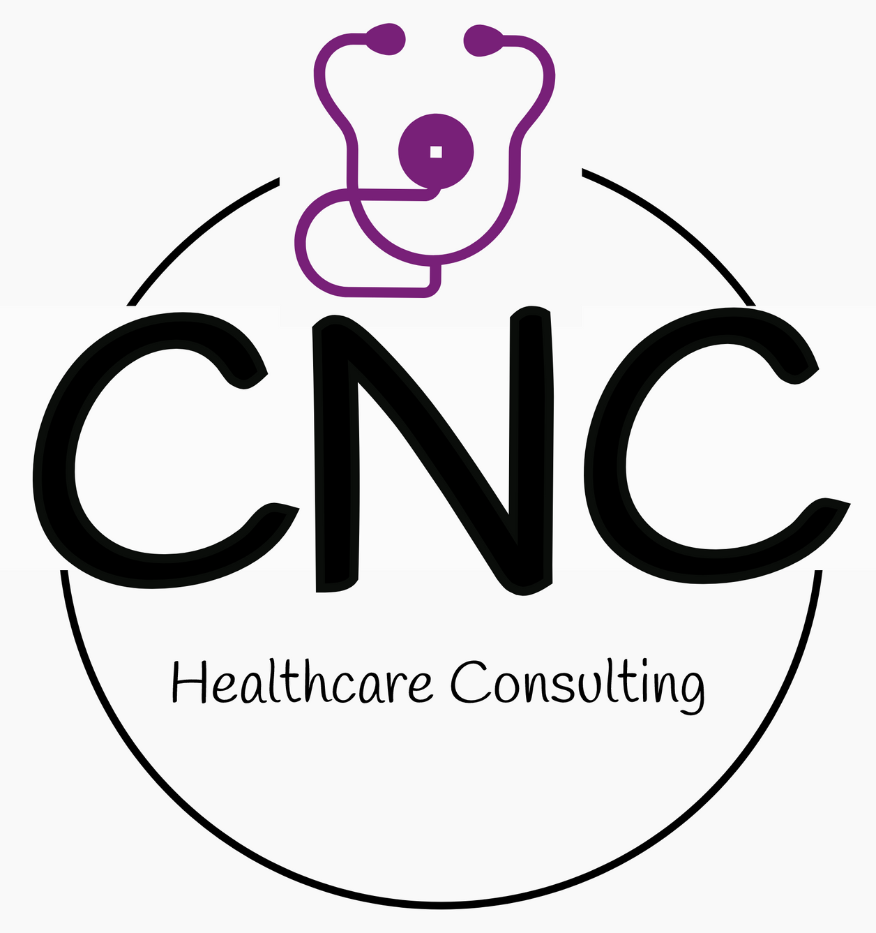 Logo for CNC Healthcare Consulting: black letters “CNC” in a circle, with a purple stethoscope on top.