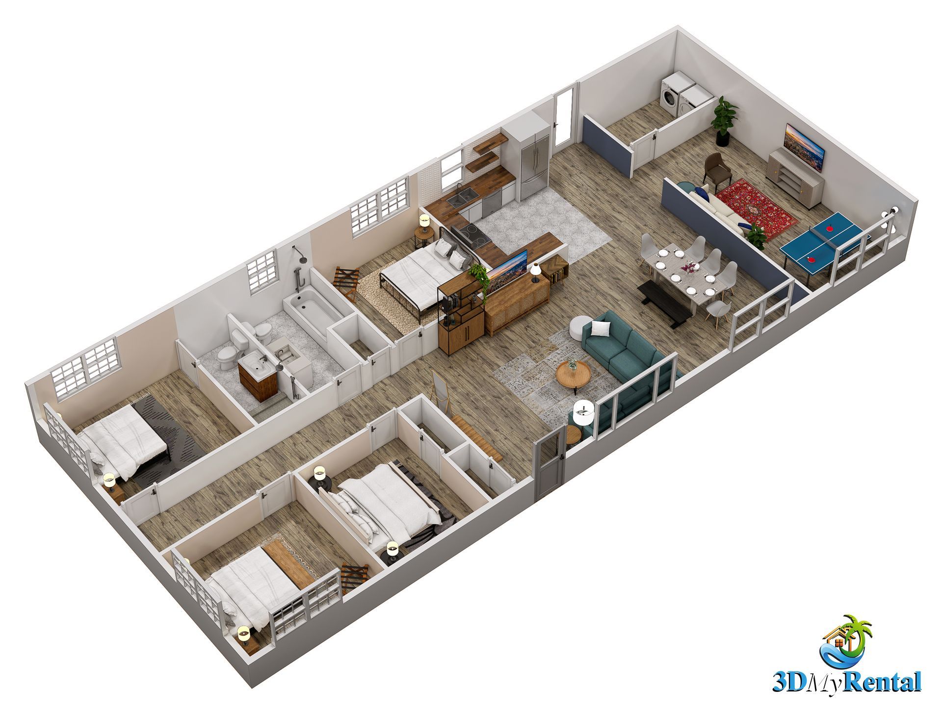 3D floor plan of a multi-room apartment: bedrooms, kitchen, dining area, and living room.