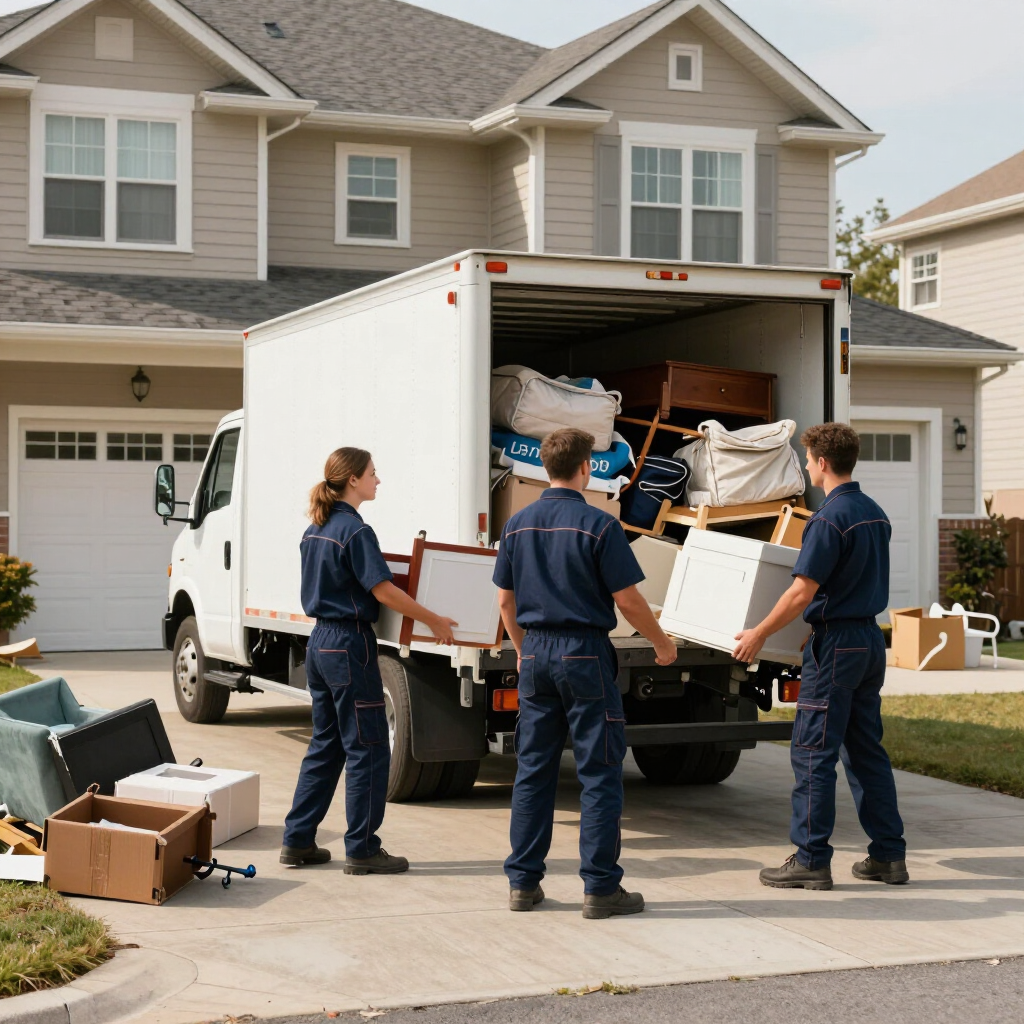 Movers unloading boxes and furniture from a white truck in front of a suburban house.