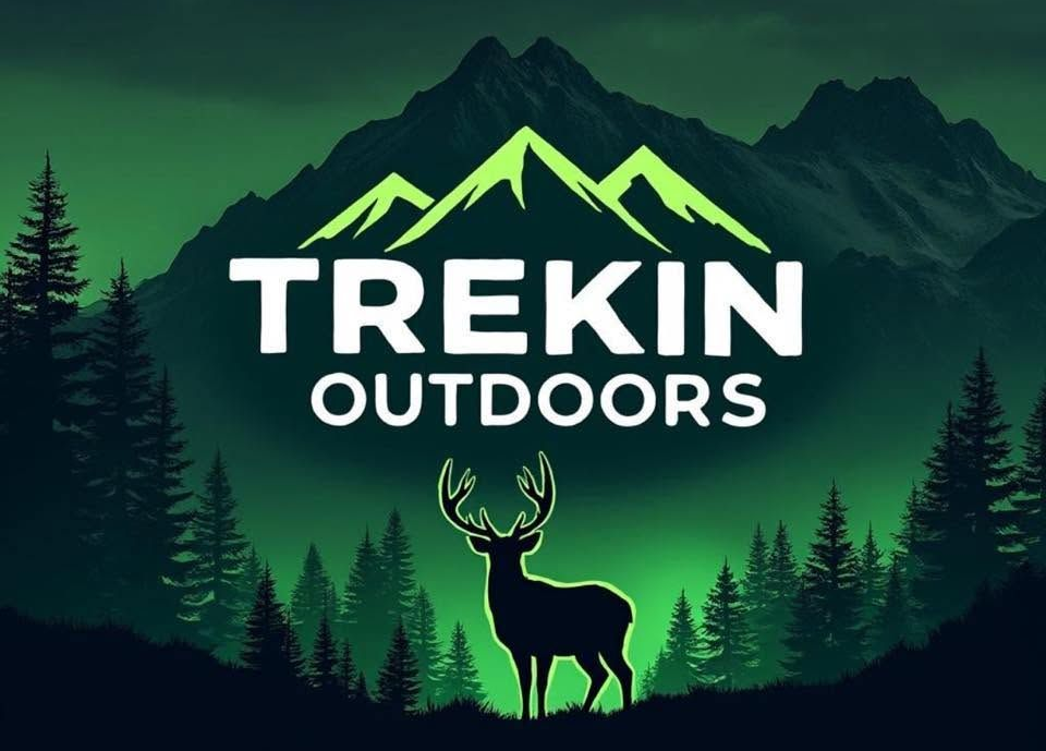 TREKIN OUTDOORS logo with bright green mountain peaks and light gray text on a white background