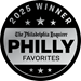 Black circular “2025 Winner Philly Favorites” badge with stars and bold white text