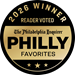 Black-and-gold circular badge reading “PHILLY FAVORITES” with “2026 winner” and “Reader Vote” text