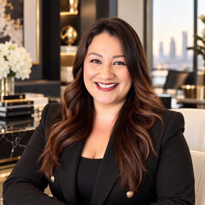 Woman in green blazer smiles in an office setting.