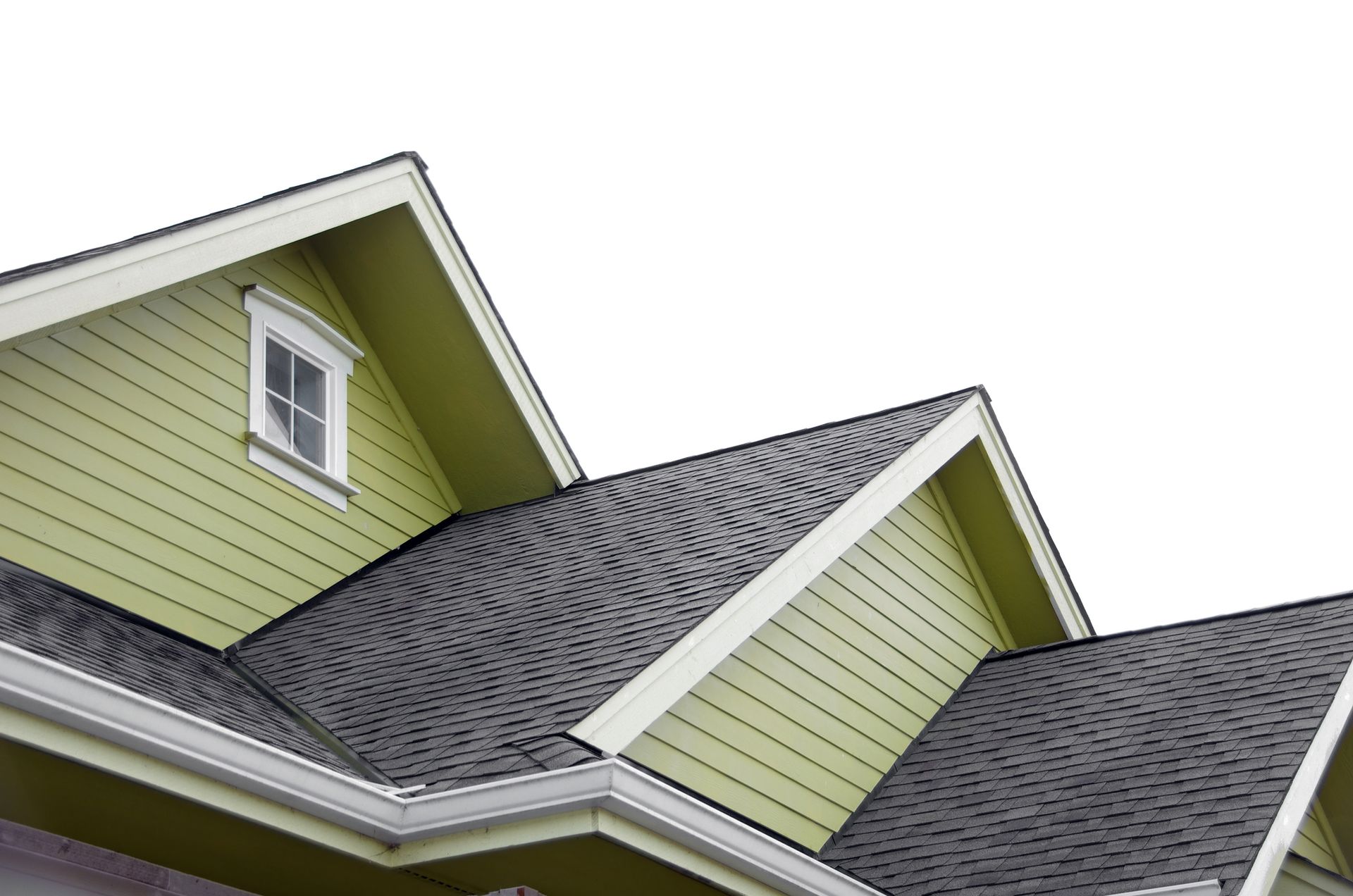 Green house exterior with dark gray roof shingles and white trim. Includes a small window.