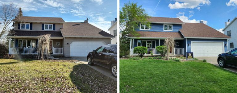 Before and after of a house painted blue with new landscaping.