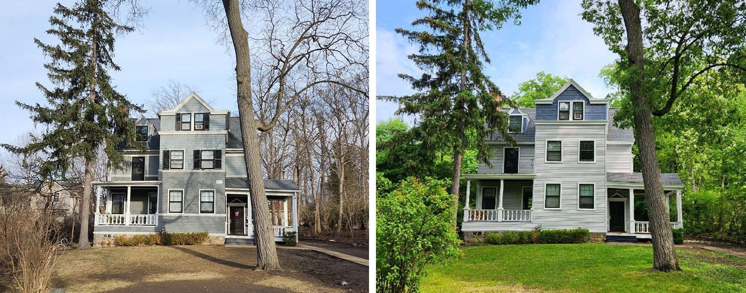 Two photos of the same house, one in winter with bare trees, the other in summer with green foliage.
