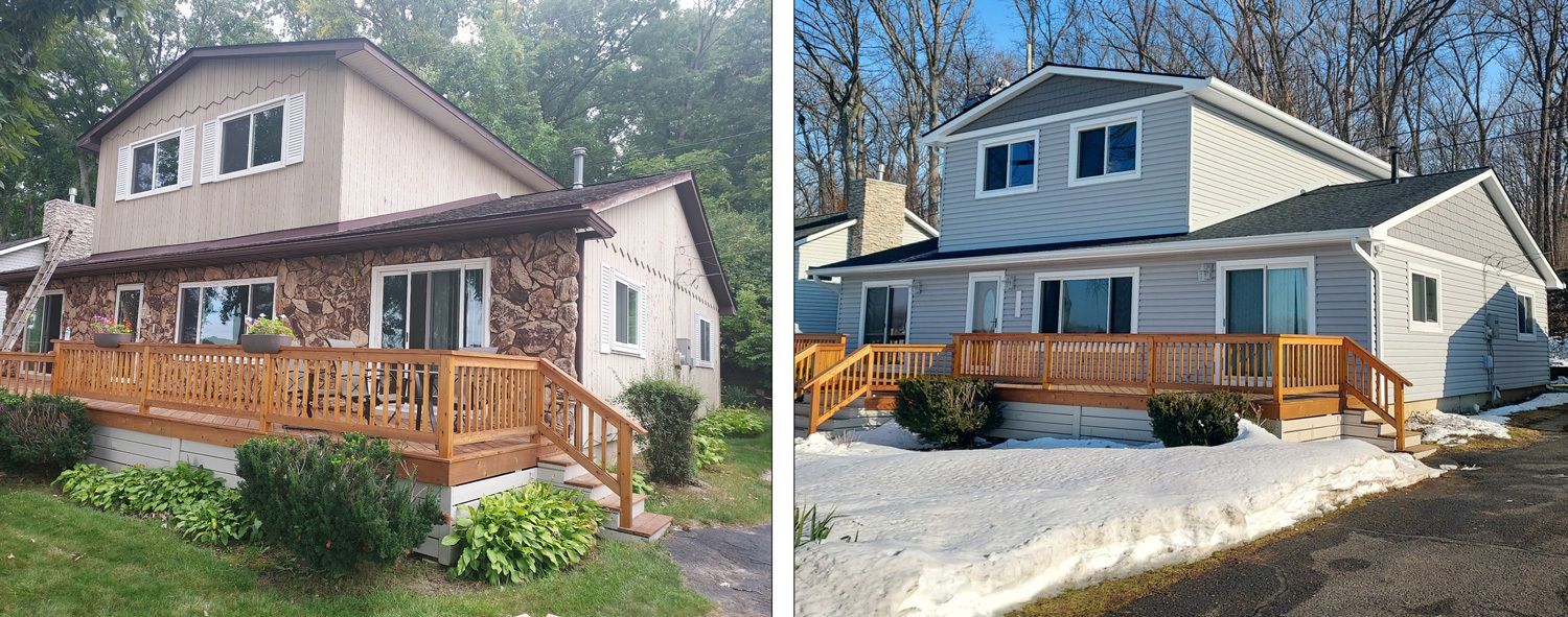 Before-and-after of a house: exterior changes from a stone and tan facade to light gray siding. Deck and landscape remain.