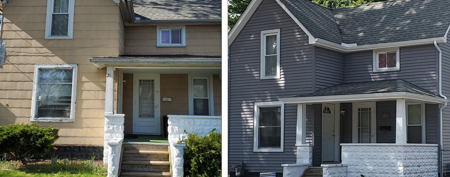 Side-by-side comparison of a house before and after renovation. The house changed color from yellow to gray.