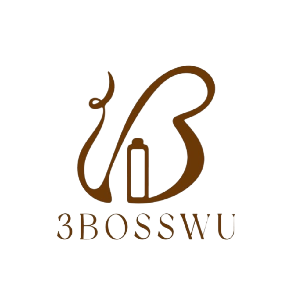 白色背景上的棕色標誌，包含一個風格化的字母“B”，其中有一個小瓶子圖標，上方是文字“3BOSSWU”。