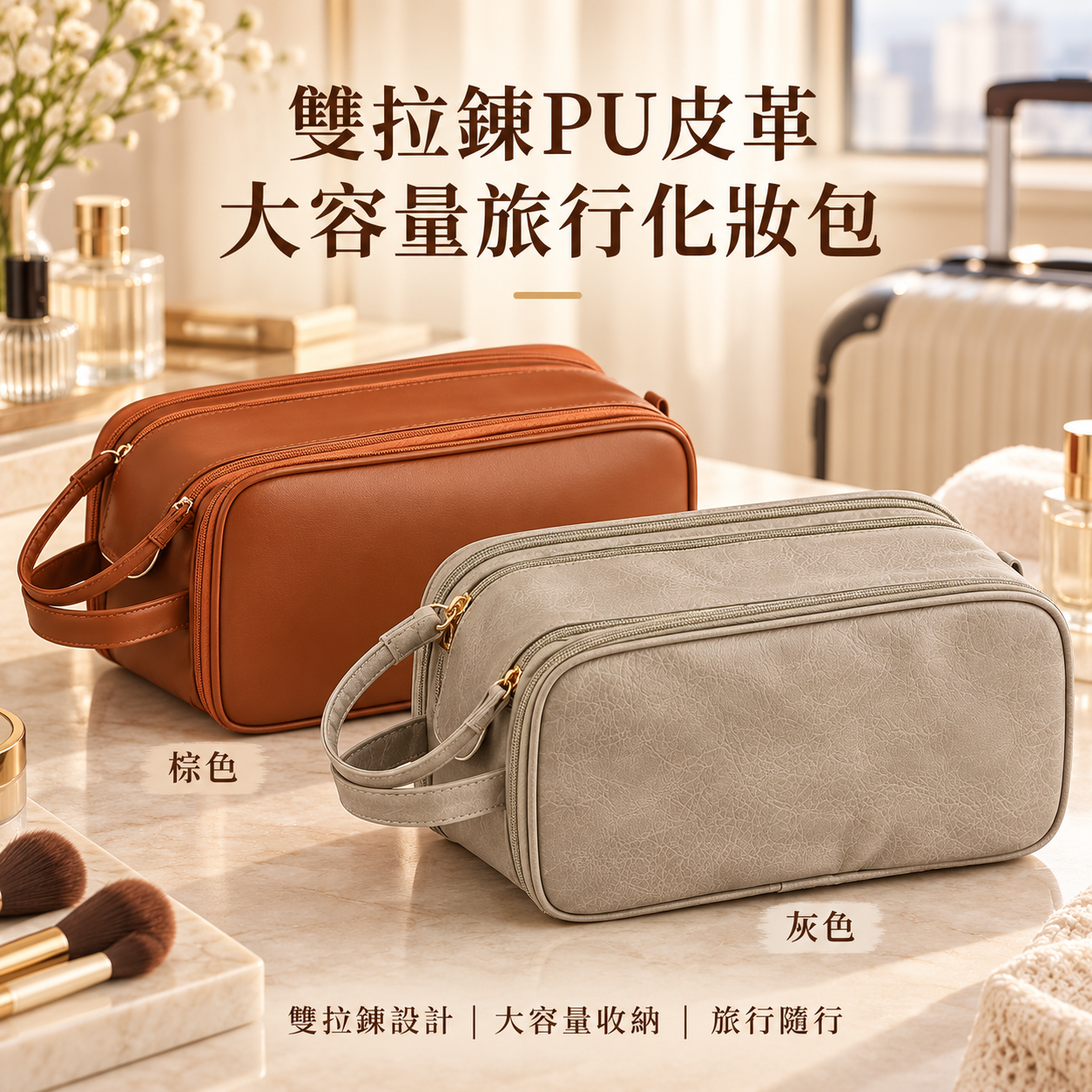 9900小工具｜3BOSSWU小商品｜雙拉鍊PU皮革大容量旅行化妝包｜28*16*14.5CM｜棕色/灰色｜$390